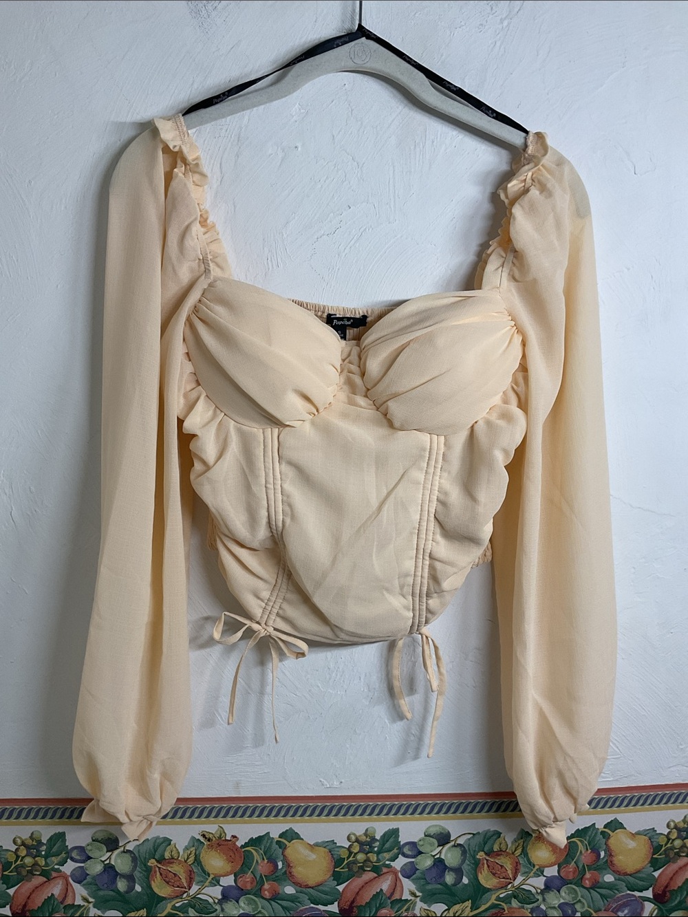 Papaya Corset Top Yellow Nude Bustier Ruched Long Sleeve Milkmaid Size S NWT